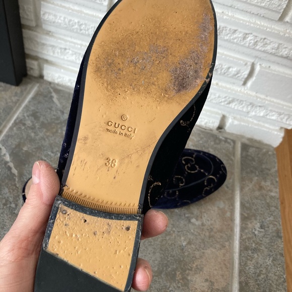 Gucci Princeton Mules Navy Velvet w Gold Horse Bit Buckle & Gucci Gold Logos 7.5 - Picture 11 of 16
